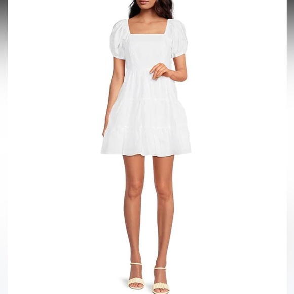 🎉HP🎉 Bow Back Chelsea & Violet Square Neck Puff Sleeve Linen Tiered Dress 🎀 - Picture 2 of 5